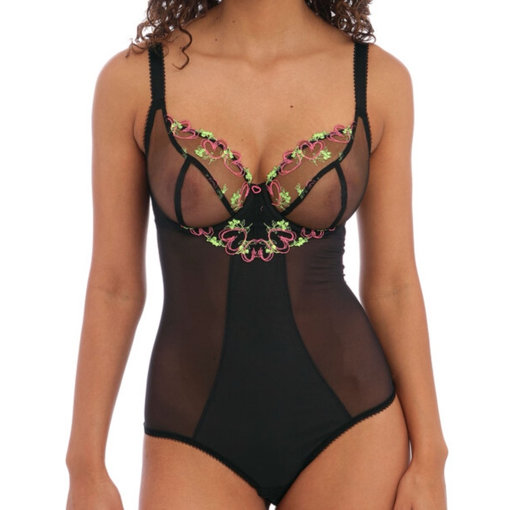 Freya Loveland Bodysuit NWT 30DD 30E Black Underwire Lingerie Floral Embroidery